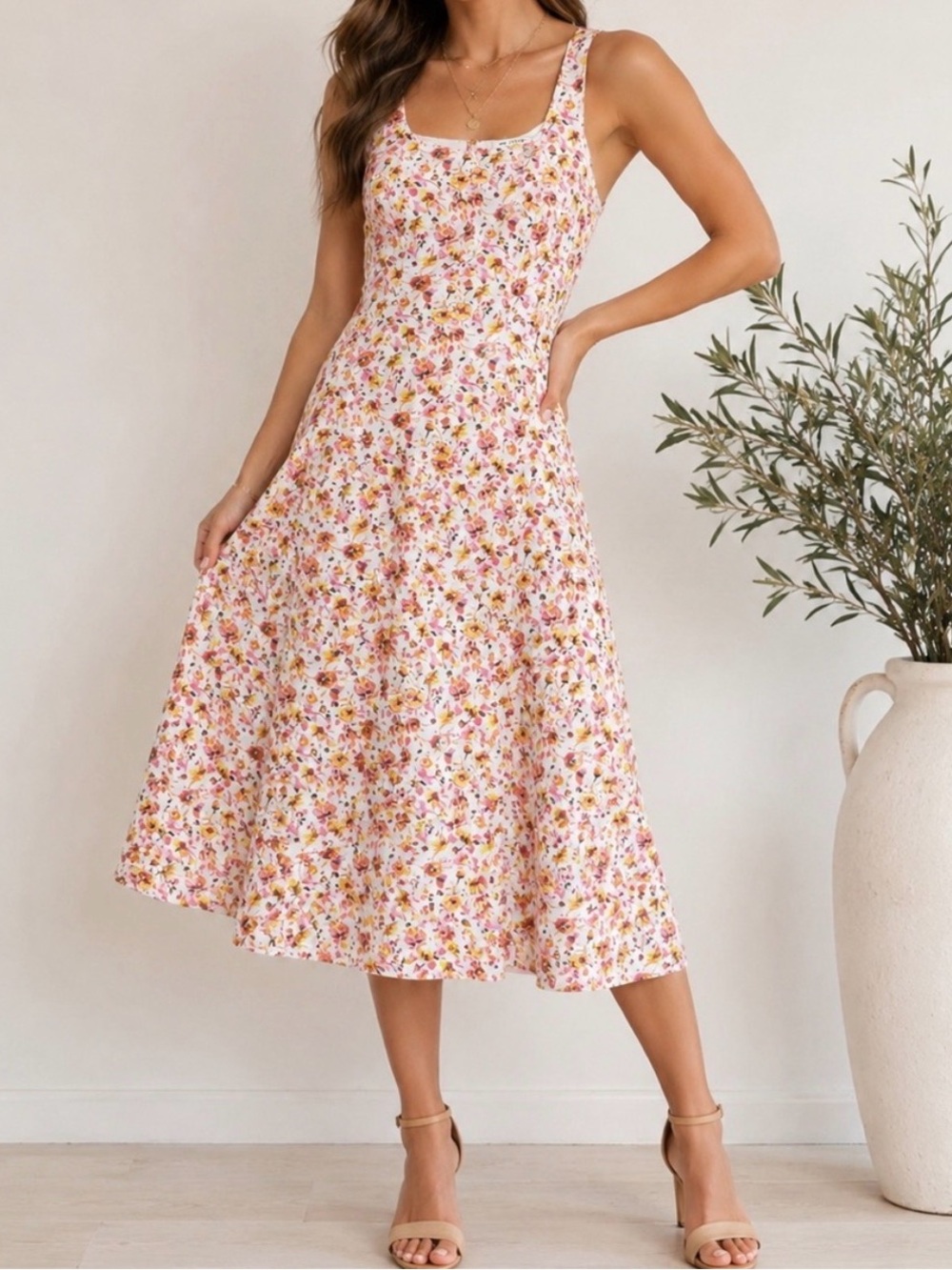 Floral Pink Square-Neck Midi Dress XS